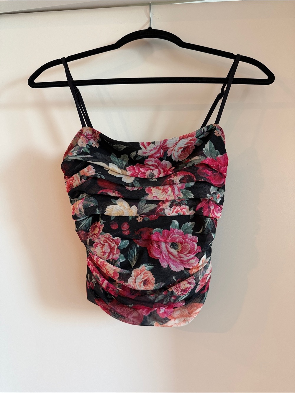 EXPRESS Floral Ruched Cowl Tank Top - Black, Pink & Cream